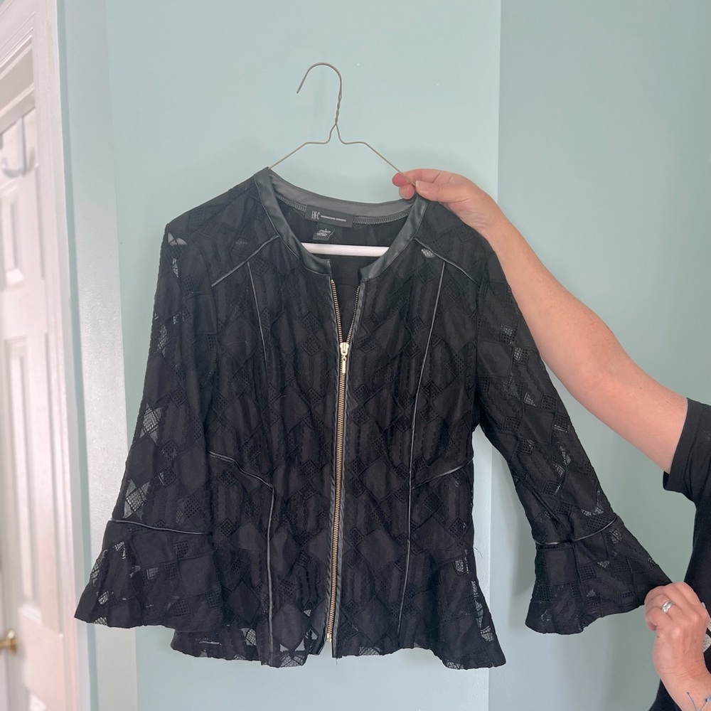 Black sheer INC zip-up jacket with faux leather details